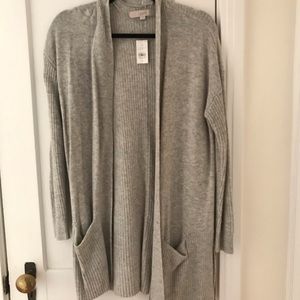 LOFT Gray Ribbed Pocket Soft Cardigan